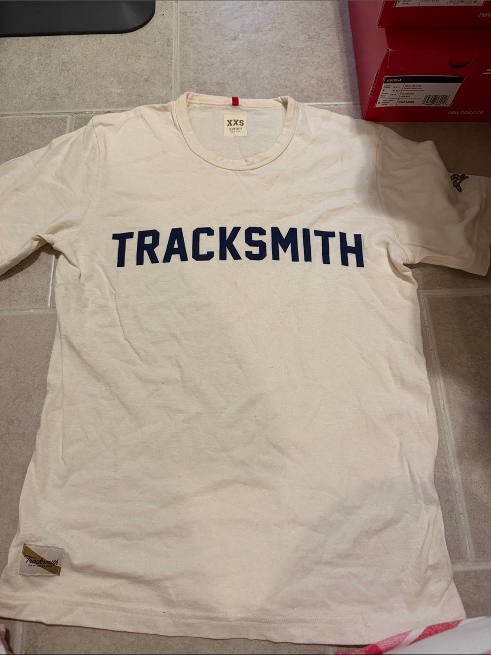 Tracksmith Cream Short Sleeve Grey Boy T-Shirt with Navy Logo
